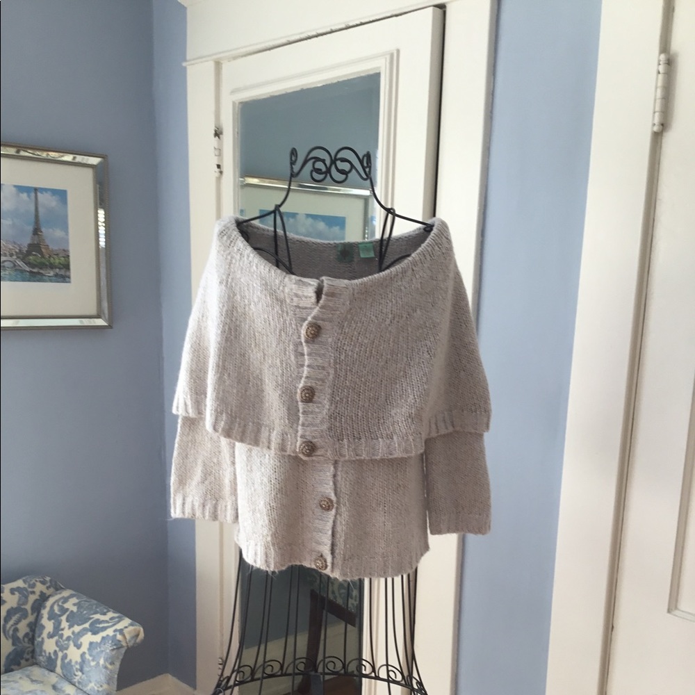 Sweater, soft mohair, silk, powder blue with khaki thread weave, vintage buttons